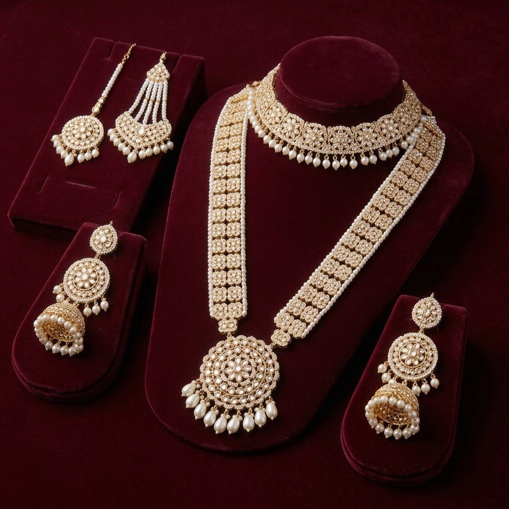 Exquisite Pakistani Kundan & Pearl Bridal Jewellery Set - Image 3
