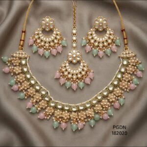 Elegant Pastel Kundan Jewellery Set with Earrings & Maang Tikka