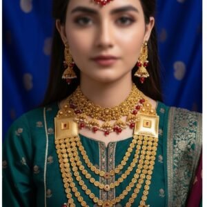 Antique Gold Multi-Layer Rani Haar with Ruby & Pearl Accents