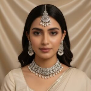 Vintage Silver Pearl Embedded Choker Set