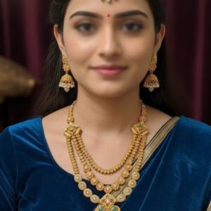 Traditional Matte Gold Layered Necklace with Pastel Gem Drops