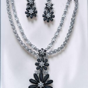 Jet Black & Silver Dual-Strand Floral Pendant Set