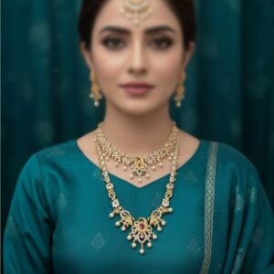 Luxury CZ Ruby Drop Bridal Necklace Set with Maang Tikka (RAGL 365030)