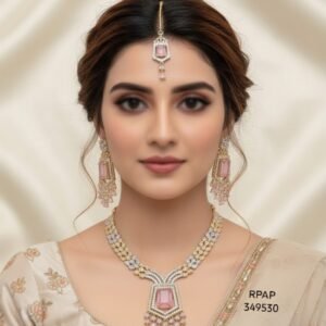 Royal Asymmetric CZ Ruby Bridal Necklace Set with Maang Tikka (KOKD 521050)