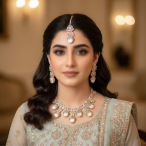 Grand Champagne CZ Stone Bridal Necklace Set with Tikka (KDGP 543550)