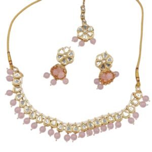 Delicate Floral Kundan Necklace Set with Baby Pink Beads