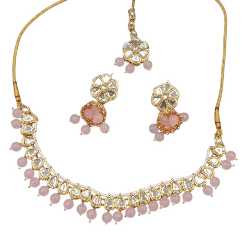 Delicate Floral Kundan Necklace Set with Baby Pink Beads