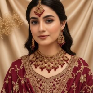 Antique Gold Floral Band Choker Set with Maroon Stones