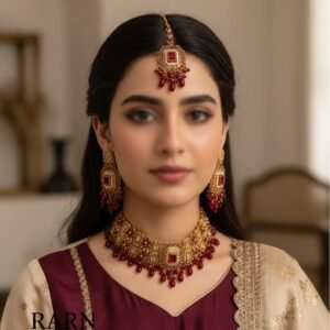 Broad Antique Gold Choker Set with Pink Pearls & Chandbalis