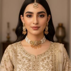 Multi-Strand Pearl Choker Set with Antique Gold Central Motif
