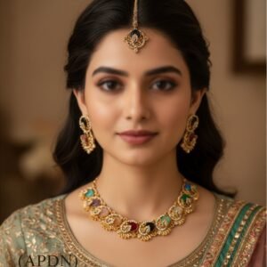 Multi-Color Stone Peacock Motif Antique Gold Necklace Set