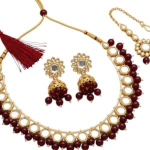 Hexagonal Kundan Choker Set with Maroon Droplets