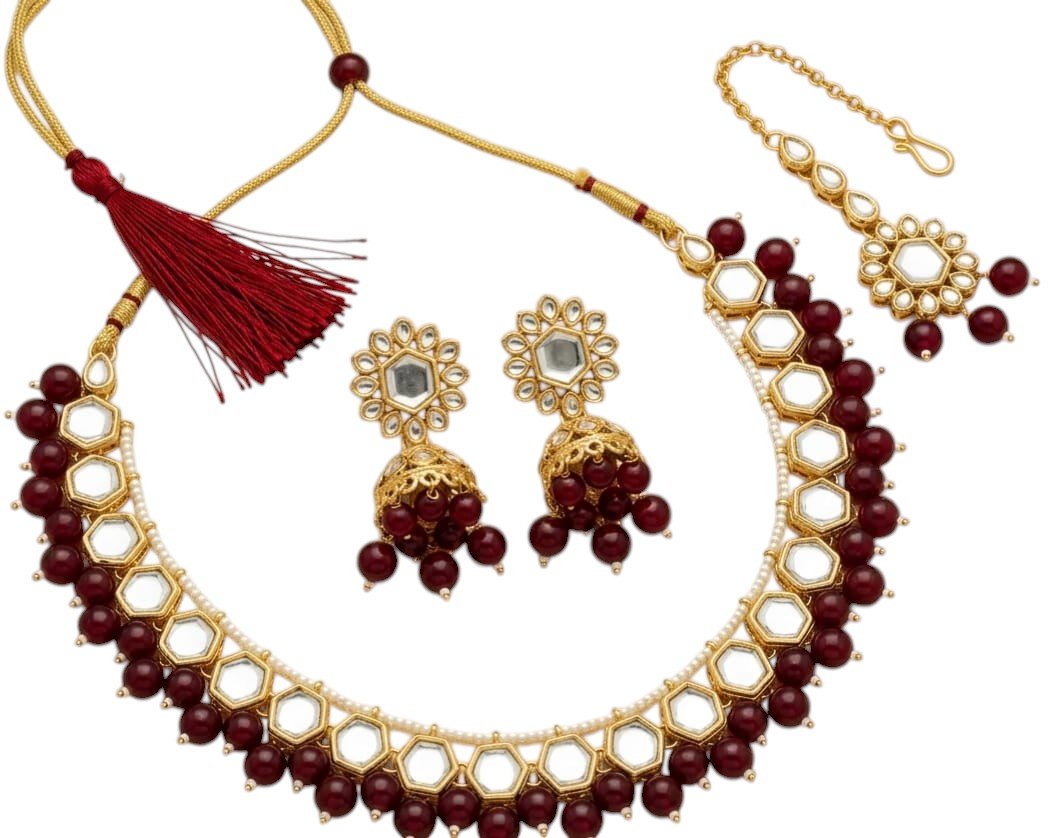 Hexagonal Kundan Choker Set with Maroon Droplets