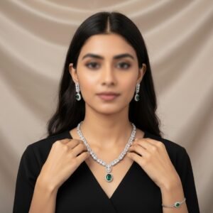 Silver Emerald Green Oval Jewelry Set