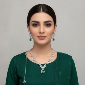 Silver Emerald Green Tear-Drop Wave Jewelry Set