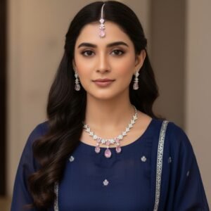 Elegant Silver Finish Pink Teardrop Stone Necklace Set with Earrings & Maang Tikka
