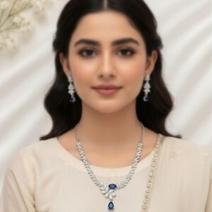 Delicately Crafted Silver & Royal Blue Crystal Necklace Set with Earrings