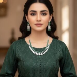 Classic Silver Choker Set with Emerald Green Teardrop Stones & Matching Earrings