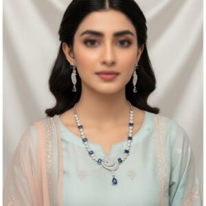 Royal Blue Cut-Stone Silver Finish Statement Necklace Set with Earrings