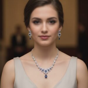 Premium Silver Flower Pattern Royal Blue Stone Necklace Set with Drop Earrings