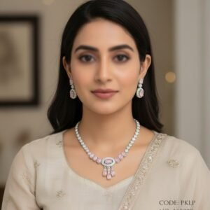 Delicate Silver Chain Oval Pink Stone Necklace Set with Earrings