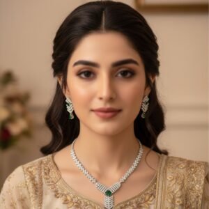 Modern V-Shape Emerald Green Cut-Stone Silver Necklace Set with Earrings