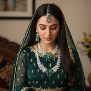 Heavy Bridal Emerald Green Stone Silver Finish Necklace Set with Earrings & Maang Tikka