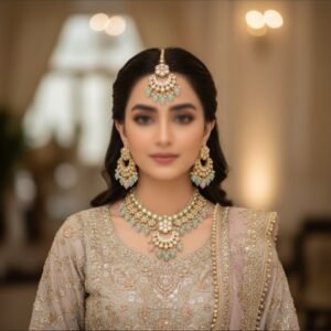 Traditional Gold Plated Kundan Set with Pastel Pink & Green Beads (Necklace, Earrings, Tikka)