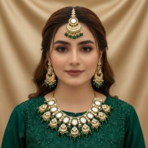 Regal Gold Plated Mirror Kundan Choker Set with Dark Green Beads & Earrings, Tikka