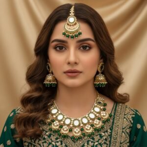 Royal Emerald Green & Kundan Mirror Jewellery Set