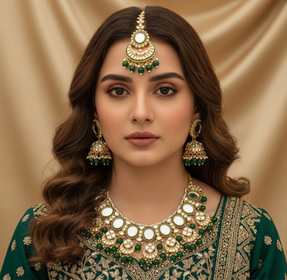 Royal Emerald Green & Kundan Mirror Jewellery Set