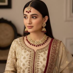 Maroon & Gold Kundan Pearl Jewelry Set (PNRG 119020)
