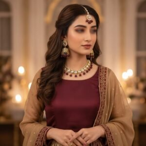 Classic Maroon Bead Kundan Necklace Set (EDN 113020)