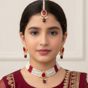 Red Oval Gemstone Pearl Choker Set (OLL 75510)