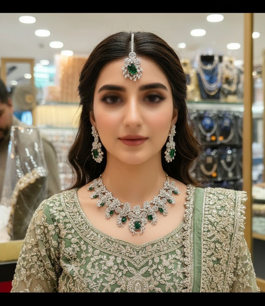 Sparkling Silver Zircon & Emerald Stone Necklace Set