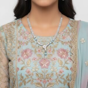 Sky Blue Gemstone & Silver Plated Diamond Necklace Set