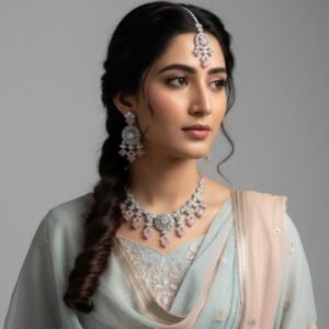 Soft Pink Crystal Chandelier Necklace Set with Earrings & Maang Tikka