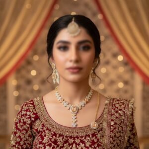 Champagne Gold Square Stone Necklace Set with Earrings & Maang Tikka
