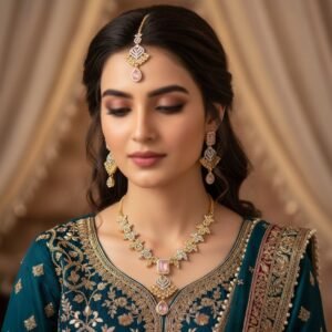 Rose Pink Statement American Diamond Necklace Set with Earrings & Maang Tikka
