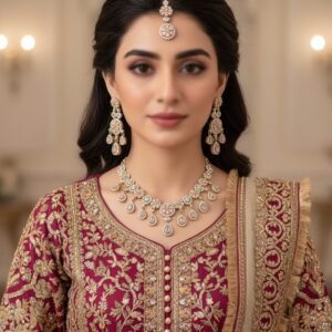 Peach Floral Kundan & Diamond Necklace Set with Matching Earrings & Maang Tikka