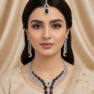 Royal Black Teardrop Crystal & Diamond Statement Jewelry Set with Maang Tikka