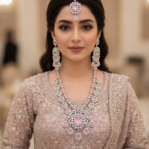 Silver and Baby Pink Layered Gemstone Jewellery Set KODK 525050