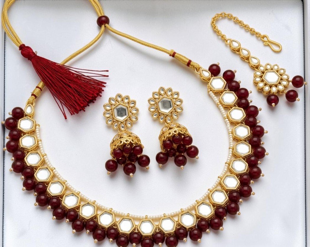 Hexagonal Kundan Choker Set with Maroon Droplets - Image 3