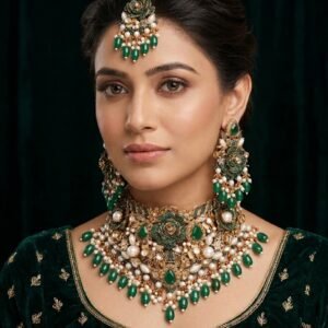 Royal Emerald & Pearl Bridal Jewelry Set | Gold Plated Choker, Earrings & Maang Tikka
