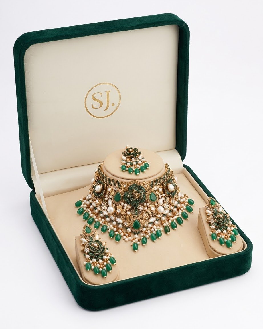 Royal Emerald & Pearl Bridal Jewelry Set | Gold Plated Choker, Earrings & Maang Tikka - Image 2