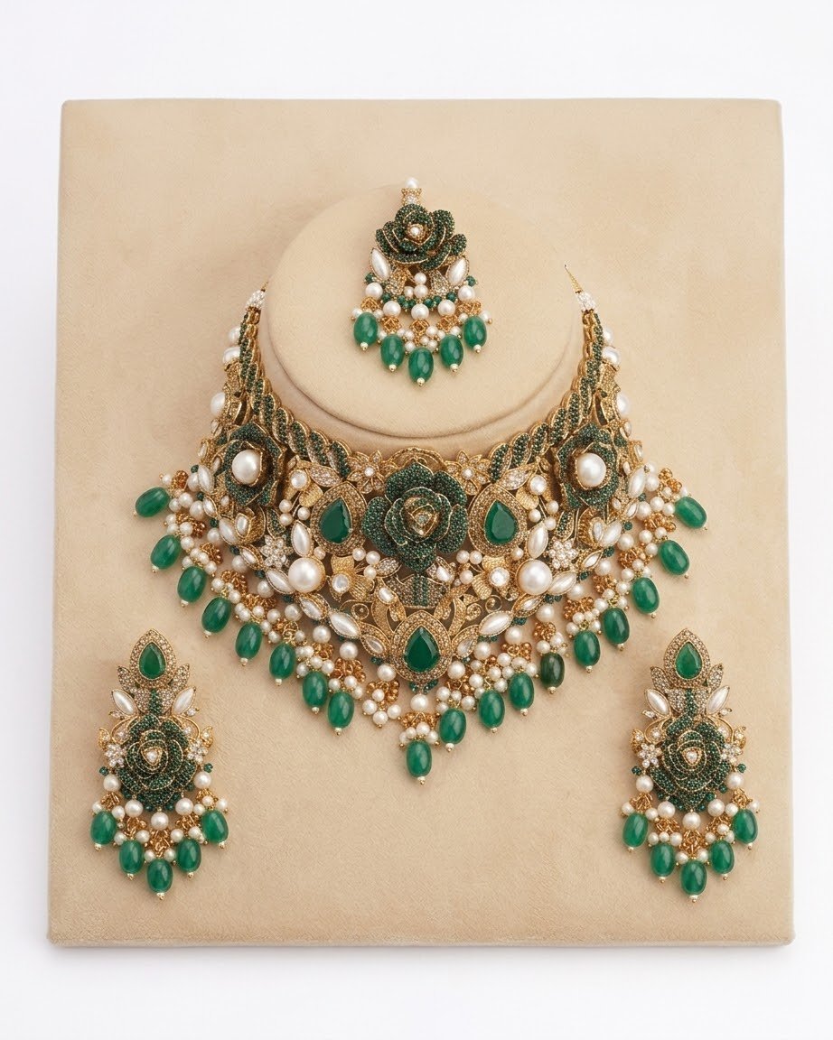 Royal Emerald & Pearl Bridal Jewelry Set | Gold Plated Choker, Earrings & Maang Tikka - Image 3