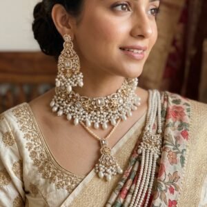 Royal Pearl & Kundan Bridal Jewelry Set | Gold Plated Choker, Long Mala & Earrings