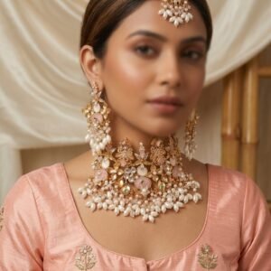 Blush Pink & Gold Floral Bridal Jewelry Set | Heavy Choker, Earrings & Maang Tikka