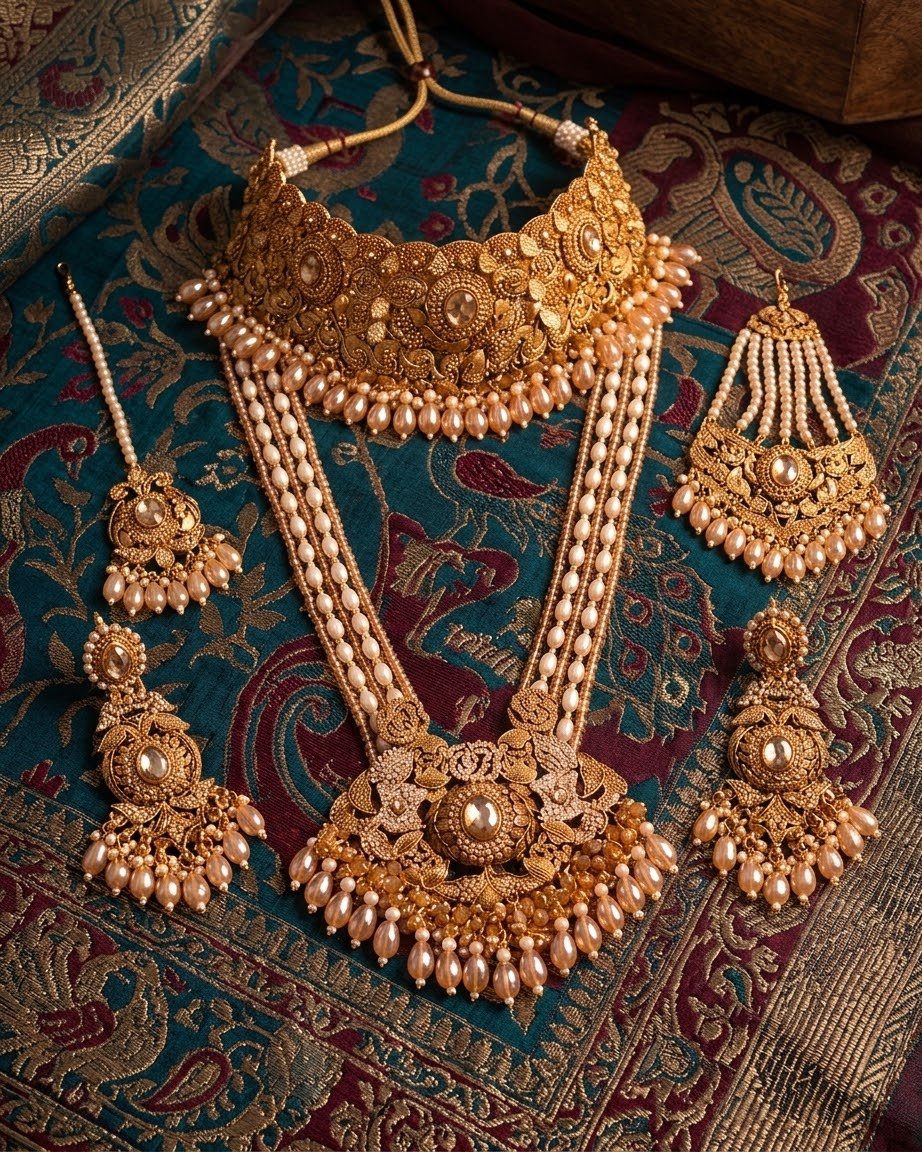 Imperial Golden & Champagne Pearl Full Bridal Jewellery Set - Image 8