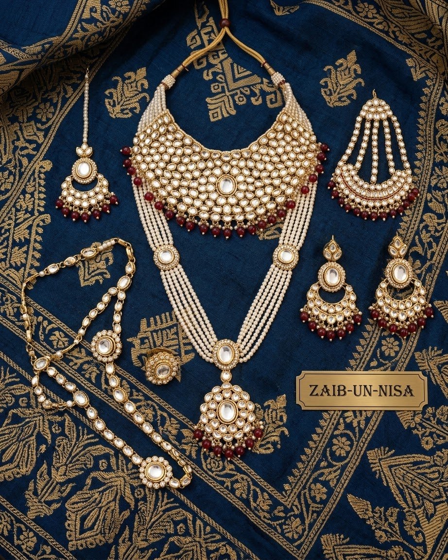 Complete your wedding look with this timeless white pearl and Kundan set. Featuring a delicate choker, a magnificent multi-strand long necklace (mala) with a statement pendant, matching earrings, and a matching maang tikka, this set radiates traditional elegance. - Image 2